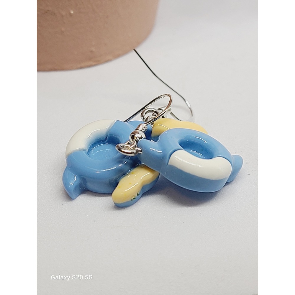 Blue Dolphin Life Ring Resin Drop Earrings Silver Tone Hooks Ocean Theme Kawaii - Picture 7 of 7